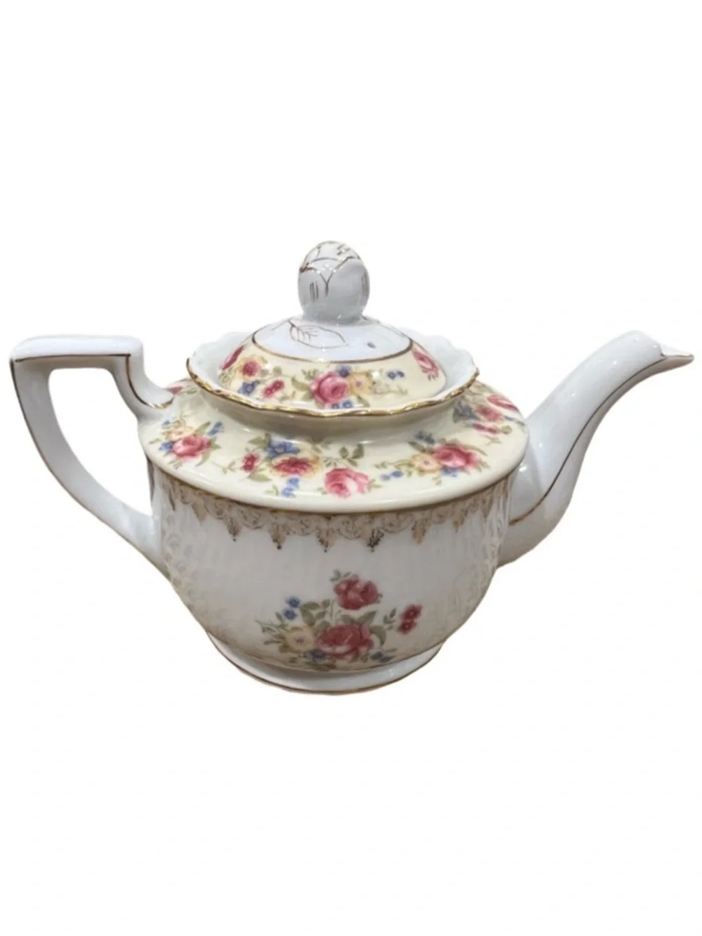Vintage Gold Castle Floral Porcelain Mini Teapot with Gold Trim